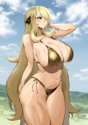 1girls big_breasts bikini bikini_bottom bikini_top blonde_female blonde_hair breasts brown_eyes cleavage cynthia_(pokemon) female female_only game_freak hair hair_over_one_eye huge_breasts long_hair mature mature_female mature_woman milf pokemon pokemon_dppt solo solo_female swimsuit swimwear takezumi_ero thick_thighs thighs yellow_bikini