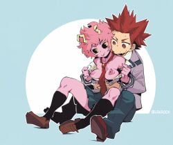 1boy 1girls black_sclera breasts breasts_out eijirou_kirishima fanon_couple female hands_on_waist horns hugging_from_behind inviting looking_at_breasts mina_ashido my_hero_academia nipples open_shirt opening_shirt pink_hair pink_skin red_eyes red_hair school_uniform self_exposure showing_off straight temptation tie_between_breasts u.a._school_uniform undressing yellow_eyes