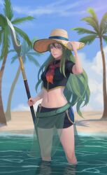 1girls adapted_costume alternate_costume bare_midriff bare_thighs beach bikini blue_bikini blue_swimsuit commission cosplay day daytime female fire_emblem fire_emblem:_path_of_radiance fire_emblem:_radiant_dawn fire_emblem_cipher green_hair hat human human_only lucina_(fire_emblem)_(cosplay) navel nephenee_(fire_emblem) nintendo oasis outdoors sarong solo solo_female source_request spear standing sun_hat swimsuit yagaminoue