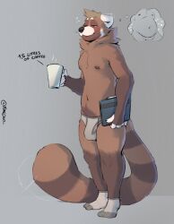 1boy absurd_res ailurid anthro blush bulge bulge_through_clothing clothing container cup footwear fur hi_res jockstrap male male_only mammal markings minedoo minedoo_(character) navel nipples red_body red_fur red_panda simple_background socks solo standing striped_markings striped_tail stripes tail_markings underwear white_body white_fur