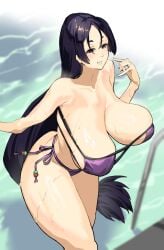 1girls big_breasts bikini bikini_bottom bikini_top breasts eyepatch_bikini fate_(series) female female_only hair huge_breasts large_breasts long_hair mature mature_female mature_woman milf minamoto_no_raikou_(fate/grand_order) minamoto_no_raikou_(swimsuit_lancer) mother purple_bikini purple_eyes purple_hair smile solo solo_female swimsuit swimwear takezumi_ero thick_thighs thighs wet wet_body