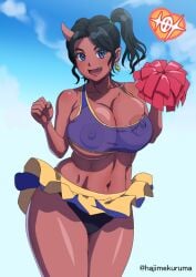 1girls big_breasts black_hair blue_eyes breasts busty cheerleader curvaceous curvy curvy_body curvy_female curvy_figure earrings female female_focus female_only hajimekuruma horn huge_breasts large_breasts nipples oni oni_horn original original_character solo solo_female solo_focus tank_top thick_thighs thighs voluptuous