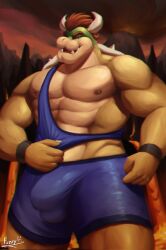 2022 abs anthro bara barazoku biceps big_bulge big_muscles bowser bowser_day bulge claws clothed clothing cloud detailed_background detailed_bulge eyebrows fuzziness hair hi_res horn huge_bulge huge_muscles koopa lava looking_at_viewer male male_only mario_(series) mountain muscular muscular_anthro muscular_male narrowed_eyes nintendo nipples non-mammal_nipples obliques outside pecs scalie shell signature sky smile smoke solo spiked_shell spikes spikes_(anatomy) standing teeth video_games volcano wrestling_singlet