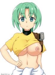 07th_expansion 1girls abridged-satoko big_breasts breasts breasts_out busty clothes_lift female female_only green_eyes green_hair hand_on_hip highres higurashi_no_naku_koro_ni large_breasts long_hair looking_at_viewer midriff mion_sonozaki navel nipple_slip nipples open_mouth ponytail pose shirt_lift solo