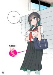 1futa 1koma bag black_hair black_skirt blue_hair clothed clothed_futa clothing comic english_text fully_clothed futa_only futanari futanari_transformation growth_drive human large_breasts light-skinned_futanari light_skin long_hair long_skirt neckerchief non-nude penis_expansion penis_growth sailor_uniform school_uniform schoolgirl shirt shoulder_bag skirt solo standing sukima_nozoku text translated white_shirt