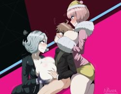 1boy 2girls ahoge alternate_breast_size ando_ruruka background big_breasts black_jacket blush booty_shorts breast_grab breast_squeeze breasts_out breasts_outside brown_hair cleavage covering_mouth danganronpa danganronpa:_trigger_happy_havoc danganronpa_1 danganronpa_3 dominant_female excited exclamation_point female femdom fur fur_collar gloves gray_hair heart hi_res huge_breasts jacket kimura_seiko large_breasts male motion_blur naegi_makoto naver nervous nervous_sweat outercourse paizuri pink_hair questionable_consent sex smile straight_hair submissive_male surprised sweat sweatdrop thighs threesome unseen_male_face