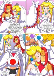 2girls bbmbbf blonde_hair blue_eyes bridal_gown bridal_veil bride bride_and_bride choker comic earrings interspecies large_breasts lesbian mario_(series) nintendo palcomix peach_x_wendy_3_(comic) princess_peach red_hair super_mario_bros. super_mario_odyssey toad_(mario) wedding wedding_dress wedding_peach_(super_mario_odyssey) wendy_o._koopa wife_and_wife yuri