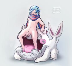 1boy anal areola barefoot big_mouth blue_eyes blue_hair blush cetitan cum_in_mouth cum_on_mouth cum_on_penis cum_string facesitting femboy goopygravy grusha_(pokemon) gym_leader human human_penetrated interspecies male male_on_feral male_only male_penetrated nintendo penetration pokemon pokemon_sv pokemon_trainer pokephilia precum_drip scarf scarf_only scarf_over_mouth spike tongue