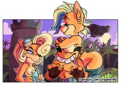 activision anthro blonde_hair blue_hair breasts clothing coco_bandicoot crash_(series) escopeto eyeshadow female female/female fur group makeup male male/female nipples one_breast_out overalls pirate_tawna shirtless smile tawna_bandicoot_(crash_4) tongue tongue_out trash_bandicoot trio two_tone_hair video_games