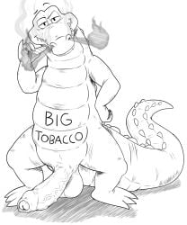 2021 3_toes 4_fingers 5:6 anthro balls big_penis big_tobacco_(character) cigar crocodile crocodilian crocodylid english_text erection feet fingers foreskin genitals half-closed_eyes hand_on_hip hi_res holding_cigar holding_object humanoid_genitalia humanoid_penis looking_at_viewer male markings monochrome narrowed_eyes penis penis_on_ground reptile scalie shadow shadowpelt sharp_teeth simple_background smile smoke smoke_from_nose smoking solo standing teeth text text_markings text_on_body toes vein veiny_penis white_background