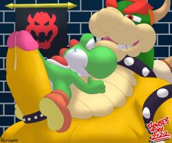 6:5 absurd_res accessory ass balls big_balls big_dom_small_sub big_penis bodily_fluids boots bowser bowser_day clothing cock_ring collar cum digital_media_(artwork) dinosaur duo erection footwear genital_fluids genitals green_yoshi hair hi_res horn huge_cock humanoid_genitalia humanoid_penis jewelry koopa male male/male male_only mario_(series) nintendo open_mouth penis penis_accessory penis_jewelry protagonistsub_antagonistdom reptile scalie shell shoes simple_background size_difference size_play small_sub_big_dom smile spikes super_mario_bros. tongue varium video_games yoshi yoshi_(character)