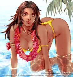 1girls 2022 all_fours armlet ass bandai_namco bikini brazil brazilian brazilian_female breasts brown_eyes brown_hair christie_monteiro cleavage dark-skinned_female dark_skin female human kawano_takuji large_breasts latina lei lips long_hair looking_at_viewer namco namco_bandai official_art redbone solo swimsuit tan-skinned_female tekken tekken_5 tekken_6_bloodline_rebellion tekken_tag_tournament_2 thong_bikini very_dark_skin water yellow_bikini