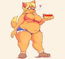 1girls ? anthro ass bee-unit belly blonde_hair breasts chubby chubby_female cleavage daisy_dukes dingo fat female female_focus female_only food furry hips hot_dog hotdog large_ass large_breasts question_mark shazza shazza_the_dingo short_shorts stomach text_box thick_thighs thighs ty_the_tasmanian_tiger_(series) wardrobe_malfunction weight_gain yiff