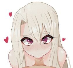 1boy 1girls blush drooling eyelashes fate/grand_order fate/kaleid_liner_prisma_illya fate_(series) fellatio femsub heart-shaped_pupils illyasviel_von_einzbern long_hair looking_at_viewer maledom oral penis red_eyes small_penis small_penis_adoration tongue tongue_out white_hair young_savage