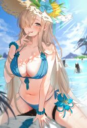 1girls asuna_(blue_archive) bathing big_breasts bikini blonde_hair blue_archive blue_bikini blue_eyes blush bracelet cleavage hat huge_breasts light_skin long_hair millennium_science_school_student smile solo tansuan wet