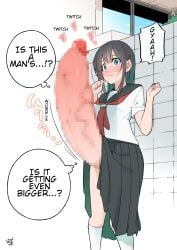 1futa 1koma aroused black_hair black_skirt blue_eyes blush censored clothed clothing comic embarrassed english_text erection futa_only futanari futanari_transformation gigantic_penis growth_drive hands_up human hyper hyper_penis large_breasts light-skinned_futanari light_skin long_hair long_skirt mosaic_censoring mostly_clothed neckerchief penis_expansion penis_growth penis_out public public_indecency sailor_collar school_uniform schoolgirl shirt skirt skirt_lift solo standing sukima_nozoku text translated white_shirt