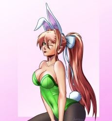 1girls blep bow bunny_ears bunny_girl bunny_tail bunnysuit doki_doki_literature_club female green_bunnysuit green_eyes long_hair looking_at_viewer monika_(doki_doki_literature_club) one_eye_closed ponytail santandraws_(artist) sitting solo tongue tongue_out white_bow white_bunny_ears winking winking_at_viewer