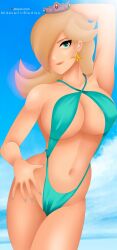 1girls 2023 beach big_breasts big_thighs bikini blonde_hair blue_bikini blue_nail_polish blue_nails blue_sky breasts cleavage cloud clouds female female_only huge_thighs mario_(series) nidavellirstudios nintendo one_eye_closed outdoors princess_rosalina skimpy skimpy_bikini sky solo standing swimsuit thighs white_skin yellow_hair