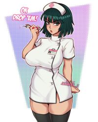 1girls 2021 bangs blush bob_cut breasts buttons clothed clothing collared_dress curvaceous curvy curvy_body curvy_female curvy_figure dark_green_hair dialogue english_text eye_contact eyelashes female female_focus female_only fringe front_view fubuki_(one-punch_man) green_eyes green_hair high_boots highres hips hourglass_figure jakuson_z light-skinned_female light_skin lips lipstick looking_at_viewer medium_hair minidress needle nurse nurse_uniform one-punch_man open_mouth short_hair short_skirt skirt slim slim_waist solo solo_female solo_focus standing stockings syringe thick thick_thighs thigh_squish thighs thin_waist tight_clothing voluptuous waist wide_hips zettai_ryouiki