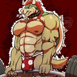 1:1 2022 abs anthro bara barazoku barbell biceps big_bulge big_muscles bodily_fluids body_hair bowser bowser_day breath bulge clenched_teeth clothing cross-popping_vein darckhumor exercise eyebrows facial_hair genital_fluids hair happy_trail harness hi_res horn huge_muscles jockstrap koopa male male_only mario_(series) muscular muscular_anthro muscular_male narrowed_eyes navel nintendo nipples non-mammal_nipples obliques pecs precum precum_through_clothing precum_through_jockstrap precum_through_underwear pubes red_background scalie shell simple_background solo spiked_shell spikes spikes_(anatomy) standing stubble teeth underwear vein video_games watermark weightlifting wet wet_clothing workout