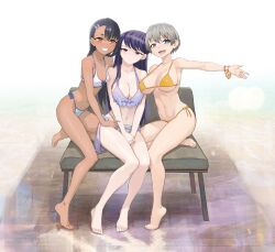 3girls alternate_version_available barefoot big_breasts bikini bikini_top black_hair breasts cleavage crossover feet female female_focus female_only grey_hair hayase_nagatoro hi_res komi-san_wa_komyushou_desu komi_shouko long_hair looking_at_viewer petite please_don't_bully_me,_nagatoro pose seductive_look seductive_smile short_hair simple_background sitting_on_bench skinny small_breasts smile uzaki-chan_wa_asobitai! uzaki_hana violet_hair white_background yugen99