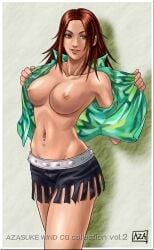 1girls azasuke brazilian brazilian_female breasts brown_hair christie_monteiro female female_only highres human jewelry large_breasts latina namco navel_piercing nipples redbone shorts smile solo tekken undressing yellow_eyes