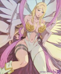 1girls 8_wings angel angel_wings angewomon arttoru blonde_hair blue_eyes breasts cleavage clothed digimon digimon_(species) digimon_adventure female female_only large_breasts long_hair navel sitting smile solo solo_female winged_humanoid wings