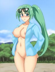 07th_expansion 1girls abridged-satoko big_breasts blush breasts busty censored child_bearing_hips curvy eyewear_on_head female female_only green_eyes green_hair hands_on_hips highres higurashi_no_naku_koro_ni hips jacket large_breasts legs long_hair looking_at_viewer mion_sonozaki navel nipples nude open_mouth ponytail pussy solo sunglasses sunglasses_on_head sweat thick_thighs thighs voluptuous