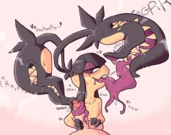 anthro athletic_female blowjob collaborative_fellatio eye_contact faceless_male fellatio handjob handjob_while_sucking human human_penetrating kissing licking_penis light-skinned_male mawile mega_mawile oral pokemon pokemon_(species) ponporio_(artist) pov tongue_out tonguejob