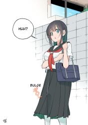 1futa 1koma bag big_penis black_hair black_skirt blue_eyes bulge clothed clothing comic english_text fully_clothed futa_only futanari futanari_transformation getting_erect growth_drive human large_breasts light-skinned_futanari light_skin long_hair long_skirt neckerchief non-nude penis_expansion penis_growth school_uniform schoolgirl shirt shoulder_bag skirt solo standing sukima_nozoku sweatdrop text translated white_shirt