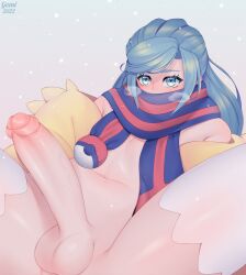 1boy balls big_penis blue_eyes blue_hair blush femboy game_freak girly gomi-cake grusha_(pokemon) legwear long_hair male male_only nintendo penis pokemon pokemon_(game) pokemon_sv scarf testicles thick_thighs thighhighs thighs visible_breath