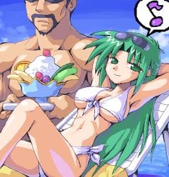 07th_expansion 1boy 1girls armpits arms_behind_head beach big_breasts bikini bodyguard breasts busty chair cleavage female food front-tie_bikini front-tie_top green_eyes green_hair highres higurashi_no_naku_koro_ni ice_cream large_breasts legs long_hair looking_at_viewer lying male muscular muscular_male musical_note navel ocean pose posing seductive seductive_smile sensual shion_sonozaki smile spoken_musical_note sunglasses_on_head swimsuit thighs underboob water white_bikini