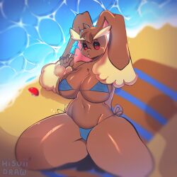 anthro beach big_breasts bikini breasts clothing coelhinha_artes female hi_res hisuiidraws kneeling lopunny nintendo non-human_bra pokémon_(species) pokemon pokemon_(species) seaside side-tie_bikini solo swimwear thick_thighs video_games