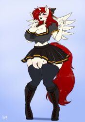 absurd_res alicorn anthro big_breasts bottomwear breasts chango-tan cleavage clothed clothing equid equine feathers female genitals hi_res horn legwear mammal plump_labia pussy rosiesquish skirt thigh_highs white_body white_feathers wide_hips wings