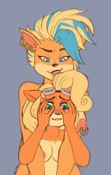 2girls activision anthro better_version_at_source bite biting_lip blonde_hair blue_hair blush breasts coco_bandicoot crash_(series) cropped duo female female/female female_only fingering hi_res masturbation multiple_girls nipples nude offscreen_sex pirate_tawna shadowpelt shy smile tawna_bandicoot tawna_bandicoot_(crash_4) two_tone_hair video_games