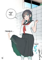 1futa 1koma black_hair black_skirt blue_eyes bulge clothed clothing comic english_text erection erection_under_clothes erection_under_skirt fully_clothed futa_only futanari futanari_transformation getting_erect growth_drive hands_up huge_cock human large_breasts light-skinned_futanari light_skin long_hair long_skirt neckerchief non-nude penis_expansion penis_growth public sailor_collar school_uniform schoolgirl shirt skirt solo standing sudden_erection sukima_nozoku sweatdrop text translated white_shirt