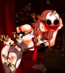 blue_eyes brown_hair female female_focus female_only heart-shaped_pupils heart_eyes mask mask_removed money payday payday_(series) payday_2 payday_masks pin_up rule_63 smile solo solo_focus wolf_(payday) zipties