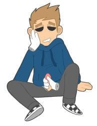 1boy animated anonymous_character black_eyes blue_hoodie brown_hair eddsworld grabbing_face grabbing_penis hand hoodie looking_at_viewer male_focus male_only pants penis tom_(eddsworld)