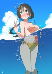 1futa big_breasts big_penis bikini_bottom black_hair blush breasts censored clothed clothing covering_breasts cum cum_on_body ejaculation embarrassed erection exhibitionism flustered futa_only futanari green_eyes hand_up hands-free handsfree_ejaculation human large_breasts light-skinned_futanari light_skin long_hair mosaic_censoring mostly_nude ocean orgasm partially_submerged penis ponytail smile solo standing stealth_masturbation sukima_nozoku sweatdrop swimsuit topless topless_futanari water waving yellow_swimsuit