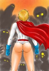 ass back_view belt blackwalker80_(artist) blonde_hair cape dc dc_comics gloves imminent_rape monsters outnumbered power_girl skimpy_costume thong_leotard