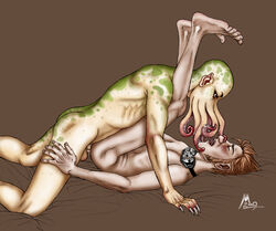 2boys alien anal anal_penetration anal_sex artist_request artist_signature brown_hair claws closed_eyes cthulhu cum_in_ass feet gay goggles goggles_around_neck hair human interspecies kissing male male_only mating_press monster_boy monster_on_male nude on_back open_mouth oral oral_sex penis short_hair skinny tentacle tentacle_on_male