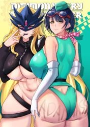 2girls abs absurdres adapted_costume ass bandana bandana_around_neck bare_shoulders beelstarmon belt black_belt black_hair black_jacket blonde_hair blue_mask body_writing breasts covered_erect_nipples cowboy_shot cropped_jacket digimon digimon_(creature) digimon_(species) digimon_story digimon_story:_time_stranger elbow_gloves eye_mask from_behind gloves goggles goggles_on_head green_hat green_panties green_shirt groin hair_between_eyes hat highres huge_ass huge_breasts jacket kanan_yuki large_breasts leather leather_jacket logo long_hair looking_at_viewer mask multiple_girls navel no_pants panties parted_lips purple_eyes purple_lips renfura shadow shirt short_hair sidelocks sleeveless sleeveless_shirt standing stomach thick_thighs third_eye underboob underwear v white_gloves wide_hips writing_on_ass yellow_background yellow_eyes yuuki_kanan zipper