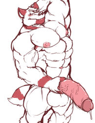 1boy 2010 balls big_balls big_penis canine closed_eyes cum cursedmarked erection flaccid grin male male_only muscles nipples nude penis pose red_and_white sketch solo standing tail veins