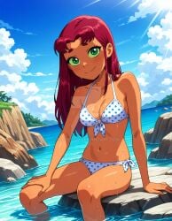 2025 ai_generated beach_background belly bikini black_dot_eyes cartoon_network closed_mouth_smile dc deviantart elryusam female_only green_eyes_female hand_on_knee hand_on_rock inviting_viewer long_hair_female looking_at_viewer polka_dot_bikini red_blush red_eyebrows red_hair_female rocks sea_background sitting_on_rock smile_at_viewer smiling_at_viewer starfire_(teen_titans) teen_titans teenage_girl tummy warner_bros._animation wet_body wet_face wet_head