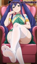 1girls 2025 ai_generated armband armchair artist_name blue_hair blush breasts brown_eyes bust chair chest couch crossed_legs dress electroworld fairy_tail feet feet_fetish female foot_fetish foot_focus green_dress hi_res high_quality high_resolution highres long_hair looking_at_viewer no_shoes patreon patreon_username sitting smile soles solo stable_diffusion thighhighs toes twintails watermark wendy_marvell white_legwear