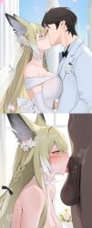 1girls 2boys 2koma ai_generated arknights blowjob blowjob_face bride cuckold cuckold_kiss dark-skinned_male flower fox_ears fox_girl huge_breasts interracial kissing light-skinned_female mikerss netorase vulpisfoglia_(arknights) wedding_dress