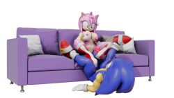 1boy 1girls alternate_breast_size alternate_breast_size_(larger) amy_rose anthro anthro_female anthro_male anthro_male_on_anthro_female anthro_on_anthro anthro_only blue_fur boot_fetish bootjob boots breasts breasts_out couch hedgehog hedgehog_boy hedgehog_ears hedgehog_girl hedgehog_humanoid jasminerobotnik outercourse pillow pink_fur sega sitting sitting_on_couch sonic_(series) sonic_the_hedgehog sonic_the_hedgehog_(series) tan_body