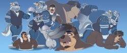 anal anal_sex anthro arm_tattoo badger ball_tuft barazoku bear beard bent_over big_penis black_tie_(suit) blue_body blue_fur boar_on_board bow_tie brown_body brown_fur bulge butler clothed clothed/nude clothing duo english_text erection facial_hair foreskin from_behind_position fur genitals hi_res holding_platter howlitebadger humanoid_genitalia humanoid_penis imminent_sex jockey_position jockstrap looking_at_genitalia looking_at_penis looking_pleasured low-angle_view male male/male mammal multiple_images multiple_positions muscular muscular_bottom muscular_male muscular_top mustelid musteline nude oral oral_penetration partially_submerged penetration penile penile_penetration penis penis_in_ass penis_in_mouth penis_on_face platter presenting presenting_penis prone_bone_position pubes relaxing runes sequence sex short-faced_bear spectacled_bear suit tail tattoo text towel towel_around_neck tuft uku underwear wide_eyed worm's-eye_view