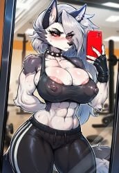 1female 1girls 6_pack abs ai_generated anthro anthro_female areola_bulge areola_peek areola_slip arm_behind_back arm_muscle athletic athletic_female big_areola big_breasts big_nipples blush breast_blush breast_overflow bulging_breasts bulging_nipples canine cleavage_overflow covered_nipples dynamic_angle dynamic_pose ear_piercing exposed_midriff exposed_navel female female_canine fluffy_hair fluffy_tail fur fur_pattern fur_tuft furrowed_eyebrows furry gloves gym gym_clothes helluva_boss hi_res highres holding_phone huge_breasts light_reflection loona_(helluva_boss) mirror mirror_pov mirror_selfie mirror_view muscular muscular_female narrow_shoulders narrow_waist nipple_bulge nipples_visible_through_clothing novelai post_workout red_sclera reflection selfie selfie_pose serious_look slim_waist smooth_fur solo solo_female spiked_collar sports_bra strap_overhang strong_female sweat sweatdrop sweatpants sweaty taking_picture thick_arms thick_eyelashes thick_hips thick_legs thick_outline thick_outlines thick_thighs white_eyes working_out workout youreyesonly