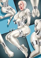 1girls bondage bondage_mittens bound bound_wrists dollification female femsub fully_clothed hkr06 latex latex_clothing machine machine_bondage mittens open_mouth png rubber shiny_clothes tight_clothing transformation